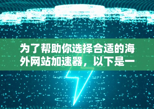 为了帮助你选择合适的海外网站加速器,以下是一些综合考虑的推荐,涵盖多种需求和功能 为了帮助你选择合适的海外网站加速器,以下是一些综合考虑的推荐,涵盖多种需求和功能